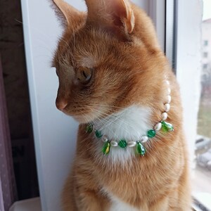 Green crystal cat collar, Real pearl pet necklace, Beaded dog collar, Luxury cute cat collar, Cat clothes accessories, Pearl cat jewelry gifts