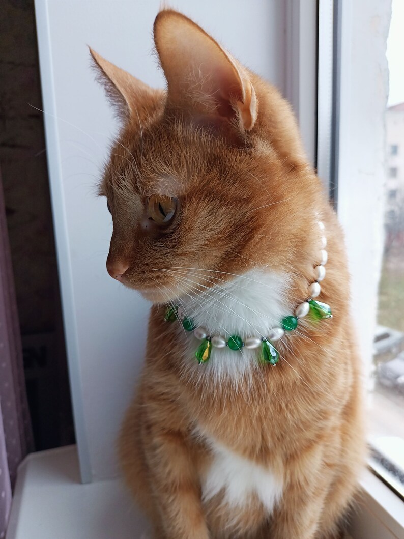 Green crystal cat collar, Real pearl pet necklace, Beaded dog collar, Luxury cute cat collar, Cat clothes accessories, Pearl cat jewelry gifts