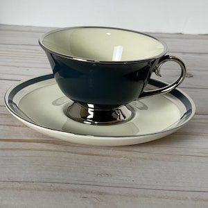 Gorham Fine China Black Contessa Footed Tea Cup  Saucer Blue  Silver