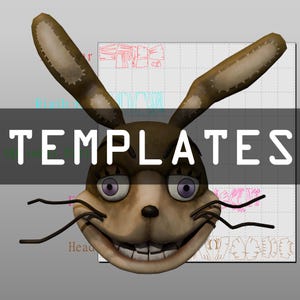 May include: A digital rendering of a cartoon rabbit head with large ears, purple eyes, and a wide grin. The word "TEMPLATES" is overlaid on the image. Behind the rabbit is a grid with pattern templates.