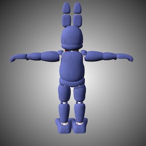 Pode incluir: Um coelho animatr&ocirc;nico azul com orelhas longas e uma gravata borboleta vermelha. O coelho est&aacute; de p&eacute; com os bra&ccedil;os estendidos e as pernas ligeiramente dobradas. O coelho &eacute; feito de pl&aacute;stico e tem uma apar&ecirc;ncia de desenho animado.
