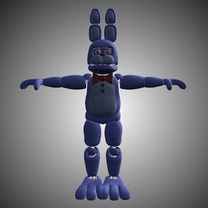 Pode incluir: Um coelho animatr&ocirc;nico azul com uma gravata borboleta vermelha e grandes olhos pretos. O coelho tem um sorriso largo e est&aacute; em pose com os bra&ccedil;os estendidos.