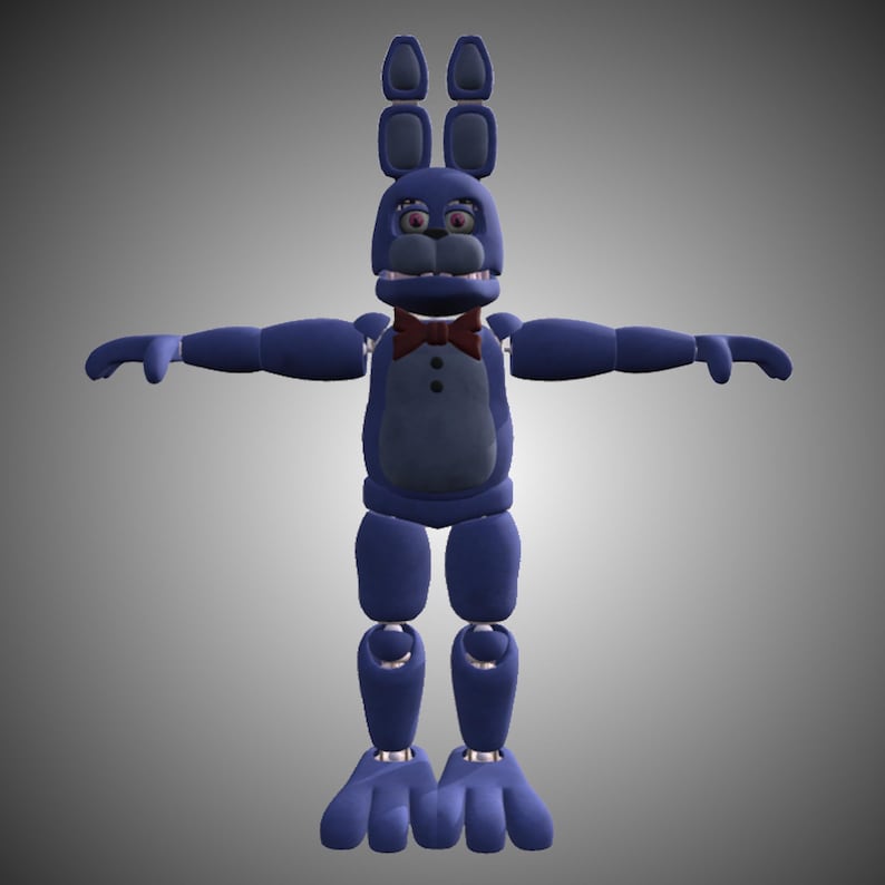 Pode incluir: Um coelho animatr&ocirc;nico azul com uma gravata borboleta vermelha e grandes olhos pretos. O coelho tem um sorriso largo e est&aacute; em pose com os bra&ccedil;os estendidos.