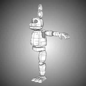 Pode incluir: Um modelo de arame branco de um coelho de desenho animado com uma orelha longa e pontiaguda. O modelo est&aacute; em pose com o bra&ccedil;o direito estendido e o bra&ccedil;o esquerdo dobrado no cotovelo. O modelo &eacute; feito de muitos quadrados pequenos conectados.