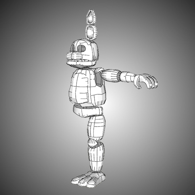 Pode incluir: Um modelo de arame branco de um coelho de desenho animado com uma orelha longa e pontiaguda. O modelo est&aacute; em pose com o bra&ccedil;o direito estendido e o bra&ccedil;o esquerdo dobrado no cotovelo. O modelo &eacute; feito de muitos quadrados pequenos conectados.