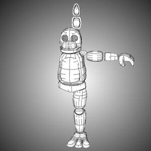 Pode incluir: Um modelo de arame de um rob&ocirc; de coelho de desenho animado com um &uacute;nico bra&ccedil;o estendido. O rob&ocirc; tem uma cabe&ccedil;a grande com um sorriso largo e um nariz pontudo. O corpo do rob&ocirc; &eacute; segmentado e parece ser feito de metal.