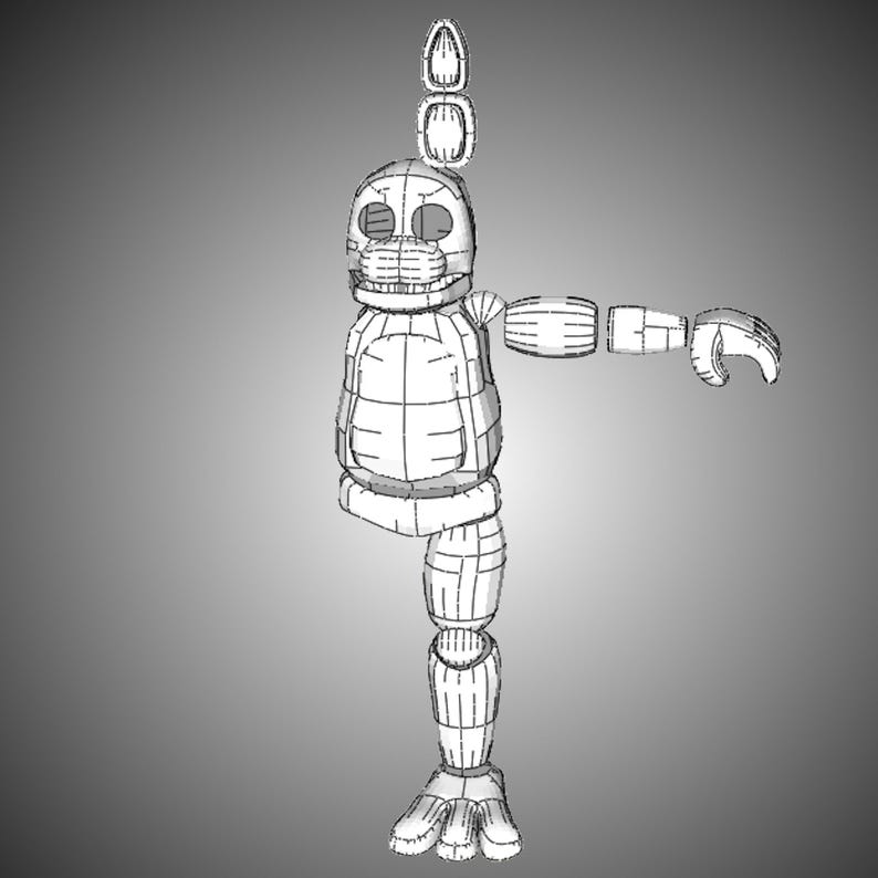 Pode incluir: Um modelo de arame de um rob&ocirc; de coelho de desenho animado com um &uacute;nico bra&ccedil;o estendido. O rob&ocirc; tem uma cabe&ccedil;a grande com um sorriso largo e um nariz pontudo. O corpo do rob&ocirc; &eacute; segmentado e parece ser feito de metal.