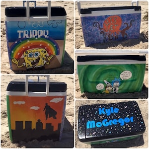 May include: A rectangular cooler with a black lid and white handle, featuring hand-painted designs on each side including Spongebob Squarepants with a rainbow, a Rick and Morty scene, a Superman silhouette, and the name Kyle McGregor on the lid.