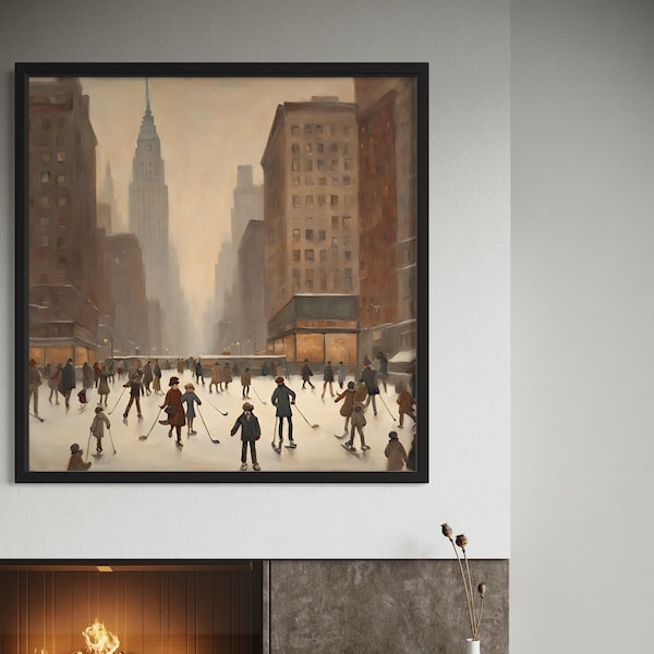 Winter in NYC | Holiday digital print | Skaters in the city | Instant Download PNG