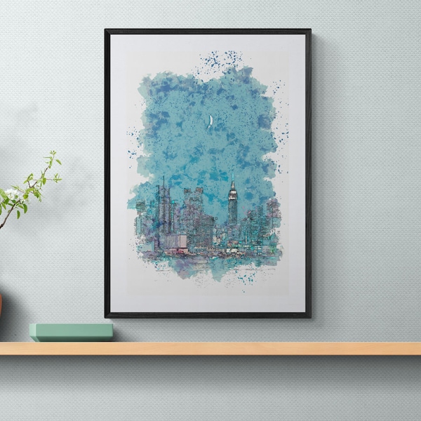 Watercolor NYC Skyline Wall Art, Empire State Building Wall Art, New York City Wall Art, Cityscape Wall Art Digital Artwork