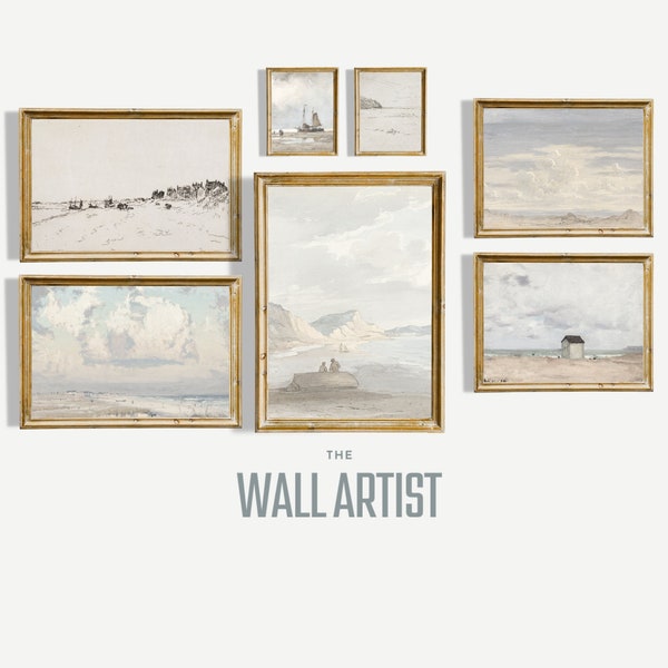 Vintage Coastal Painting Print SET of Six Gallery Wall Art - Seaside Gallery Instant Download Decor