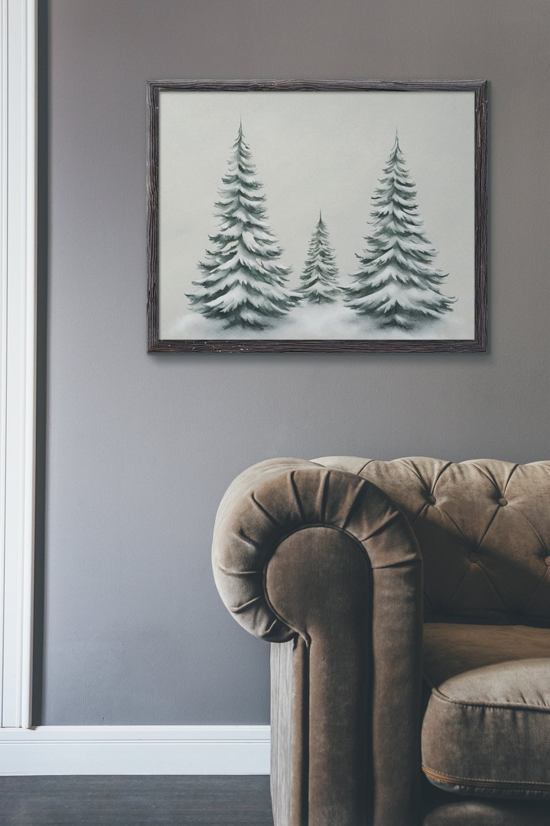 Snowy Trees Art, Winter Wall Art, Digital Christmas Tree Print, Pine