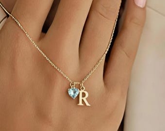 Minimalist Initial Necklace with Heart Birthstone, Custom Letter Necklace, Birthstone Jewellery Kids Necklace Dainty Mother's Day Gift