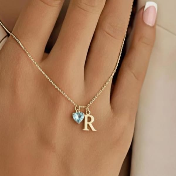 Minimalist Initial Necklace with Heart Birthstone, Custom Letter Necklace, Birthstone Jewellery Kids Necklace Dainty Mother's Day Gift