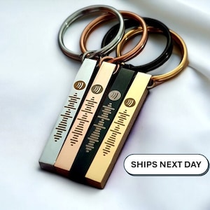 May include: Four metal keyrings with a bar-shaped charm featuring a Spotify logo and a stylized waveform design. The keyrings are silver, rose gold, black, and gold.