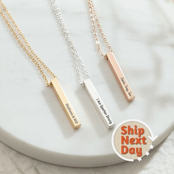 Custom 4-Side Engraved Name Bar Necklace - Personalized Gift In Gold, Rose, Or Silver