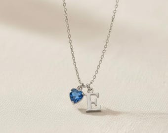 Custom Initial Necklace with Heart Birthstone, Custom Letter Necklace, Birthstone Jewellery, Gifts for Her, Dainty Mother's Day Gift