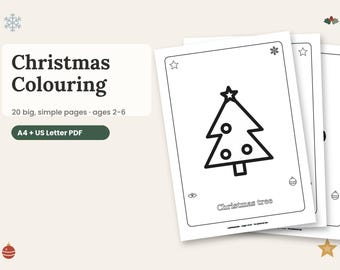 Christmas Colouring Pages for Toddlers, 20 Simple Christmas Colouring Sheets, Preschool Kids Printable Colouring Book, Ages 2-6 PDF