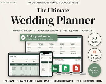 Wedding Planner Spreadsheet Excel Google Sheets, Wedding Budget Tracker, Guest List RSVP, Seating Chart, Wedding Checklist Timeline Template