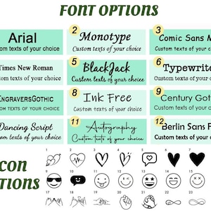 May include: A chart with 12 font options and 24 icon options. The font options are displayed in light green boxes with white text. The icon options are displayed in black and white. The chart is titled "FONT OPTIONS" and "ICON OPTIONS".