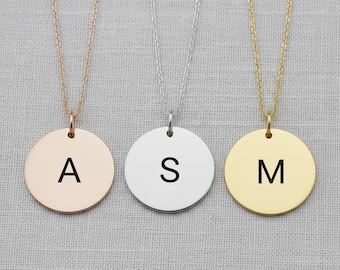Personalised Initial Necklace, Custom Letter Disc Charm,  Bridesmaid Gift,  Minimalist Gold Silver Rose Gold Jewellery, Engraved Monogram