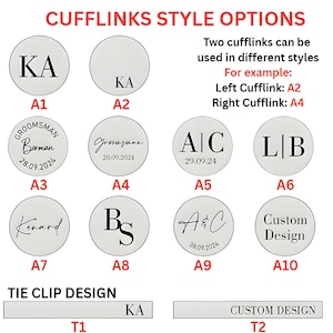 May include: A set of cufflinks with different designs, including initials, dates, and the words "Groom", "Groomsman", and "Custom Design". The cufflinks are shown in a grid with the letters A1 through A10 below each cufflink. There are also two tie clip designs shown, one with the initials "KA" and the other with the words "Custom Design".