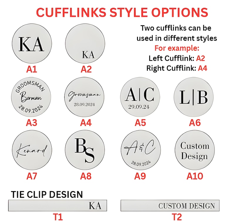 May include: A set of cufflinks with different designs, including initials, dates, and the words "Groom", "Groomsman", and "Custom Design". The cufflinks are shown in a grid with the letters A1 through A10 below each cufflink. There are also two tie clip designs shown, one with the initials "KA" and the other with the words "Custom Design".