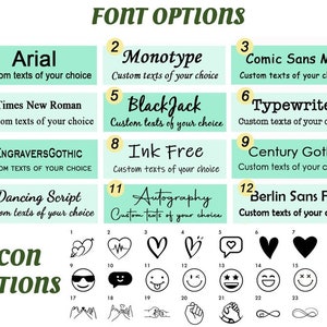 May include: A chart with 12 font options and 24 icon options. The font options are displayed in light green boxes with white text. The icon options are displayed in black and white. The chart is titled "FONT OPTIONS" and "ICON OPTIONS".