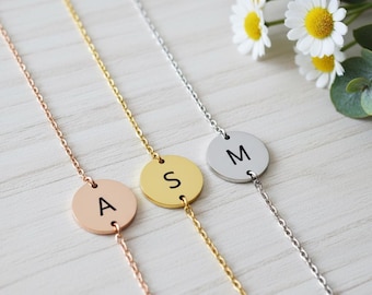 Personalised Initial Bracelet, Adjustable Size Custom Letter Disc Charm, Bridesmaid Gift, Minimalist Jewellery Engraved Name Bracelet