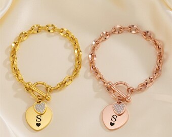 Custom Heart Charm Bracelet, Personalized Initial Engraving, Gold, Rose Gold and Silver Jewelry Gift, Personalised Bracelet, Customised Gift