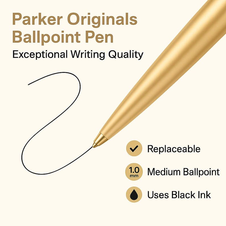 May include: A gold-colored Parker Originals Ballpoint Pen with a black ink line extending from the tip. The pen features a 1.0 mm medium ballpoint and is replaceable. Text on the image reads "Exceptional Writing Quality."