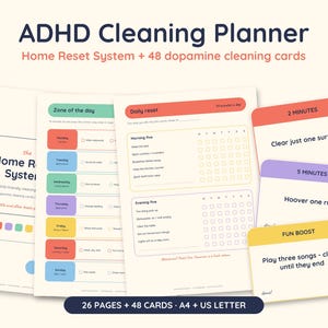 May include: ADHD Cleaning Planner with Home Reset System and 48 dopamine cleaning cards. Includes pages for Zone of the day, Daily reset, and cards for 2 minutes, 5 minutes, and Fun Boost tasks. Features 26 pages, 48 cards, A4 and US Letter sizes.