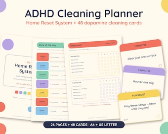 ADHD Cleaning Planner Printable, Home Reset System + 48 Dopamine Cleaning Cards, Cleaning Schedule Checklist, A4 US Letter PDF