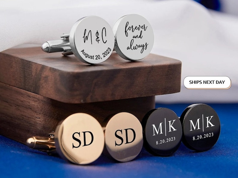 Gemelli personalizzati Abito Gemelli da sposa per uomo Papà Marito Gemelli sposo Set Gemelli rotondi personalizzati Regalo di nozze inciso per uomo immagine 1