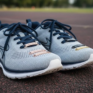 May include: A pair of gray athletic shoes with navy blue laces and accents. The shoes have white soles and feature the text "Linda & Jacob" and "Stay Strong" on the laces. The shoes are designed for running or other athletic activities.