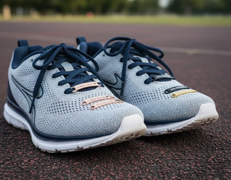 May include: A pair of gray athletic shoes with navy blue laces and accents. The shoes have white soles and feature the text "Linda & Jacob" and "Stay Strong" on the laces. The shoes are designed for running or other athletic activities.