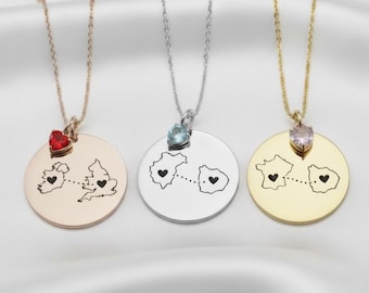 Personalised Country Necklace Two With Heart Birthstone Charm Home Necklace Personalised Necklace Gift Country Map Personalised Jewellery