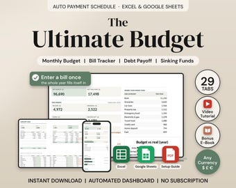 Annual Budget Spreadsheet Excel Google Sheets, Monthly Budget Planner Template, Paycheck Bill Tracker, Debt Payoff Sinking Funds Net Worth