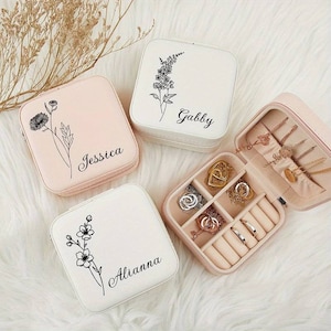 Personalised Jewellery Box Birth Flower Jewellery Box Holder Necklace Ring Holder Pouch Gift for Her Jewellery Travel Box Bridesmaid Gift