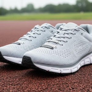 May include: A pair of light gray athletic shoes with white soles and black accents. The shoes have a breathable mesh upper, gray laces, and a cushioned sole. The shoes are designed for running or other athletic activities.