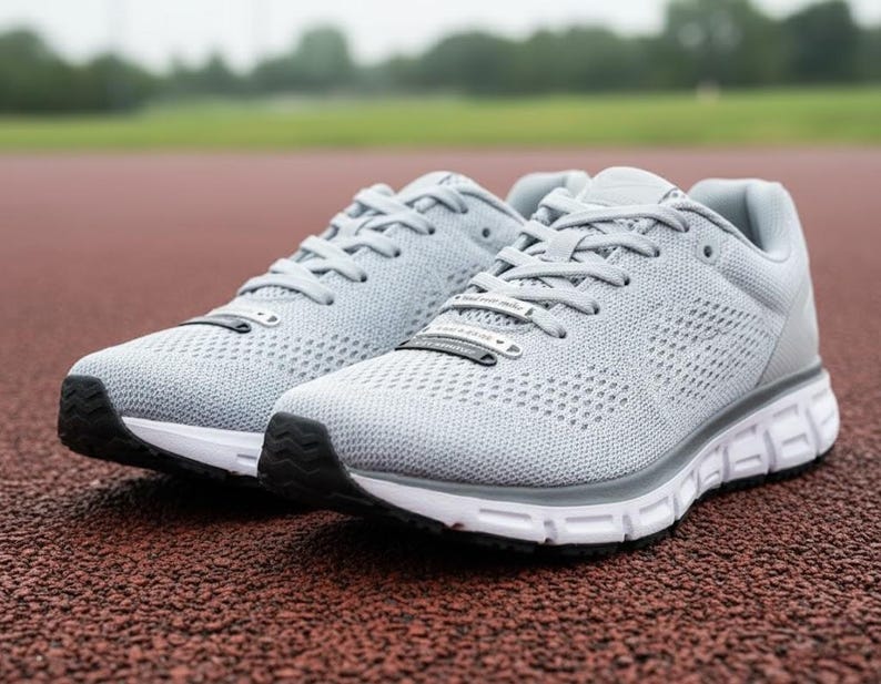 May include: A pair of light gray athletic shoes with white soles and black accents. The shoes have a breathable mesh upper, gray laces, and a cushioned sole. The shoes are designed for running or other athletic activities.