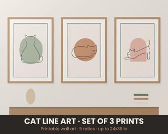 Minimalist Cat Line Art Print Set of 3, Neutral Cat Wall Art, Sage Terracotta Blush Printable, Cat Lover Gift, Digital Download