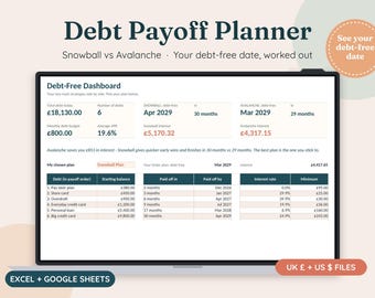 Debt Payoff Planner Spreadsheet, Debt Snowball vs Avalanche Tracker, Excel Google Sheets, Debt Free Date Calculator, UK Pound + US Dollar