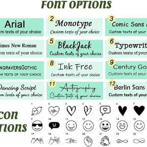 May include: Image showcasing font and icon options for customization. The top section displays 12 font choices, including Arial, Monotype, and Comic Sans MS. The bottom section presents various icon options, such as hearts, smiley faces, and infinity symbols.