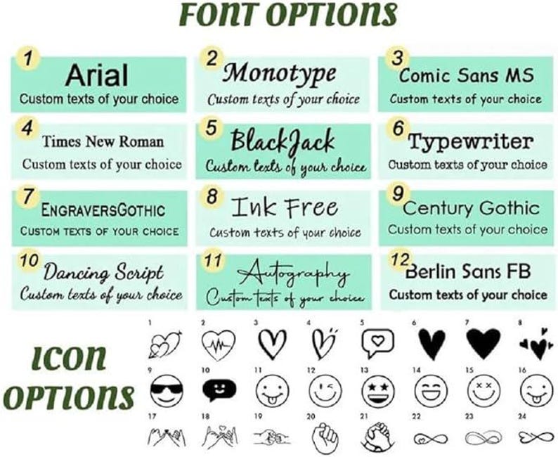 May include: Image showcasing font and icon options for customization. The top section displays 12 font choices, including Arial, Monotype, and Comic Sans MS. The bottom section presents various icon options, such as hearts, smiley faces, and infinity symbols.