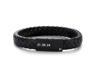 Gepersonaliseerde gevlochten leren armband: gegraveerde naam, datum of bericht