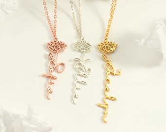 Collier prénom fleur de naissance personnalisé Cadeau personnalisé pour sa maman Collier prénom meilleure amie bijoux Collier fleur de naissance gravé