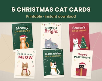 Christmas Cat Cards Printable, Set of 6 Cute Cat Christmas Cards, Meowy Christmas Card, Instant Download, A5 & 5.5x8.5 Folded, 5x7 Print