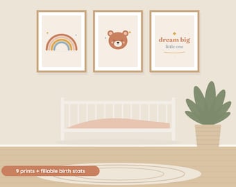 Boho Nursery Wall Art Set of 9, Gender Neutral Nursery Prints, Rainbow Sun Moon Bear, Printable Baby Room Decor + Birth Stats Print