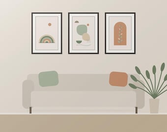 Sage Green Mid Century Wall Art Set of 3, Boho Rainbow Arch Prints, Terracotta Botanical Abstract Printable, Neutral Living Room Decor